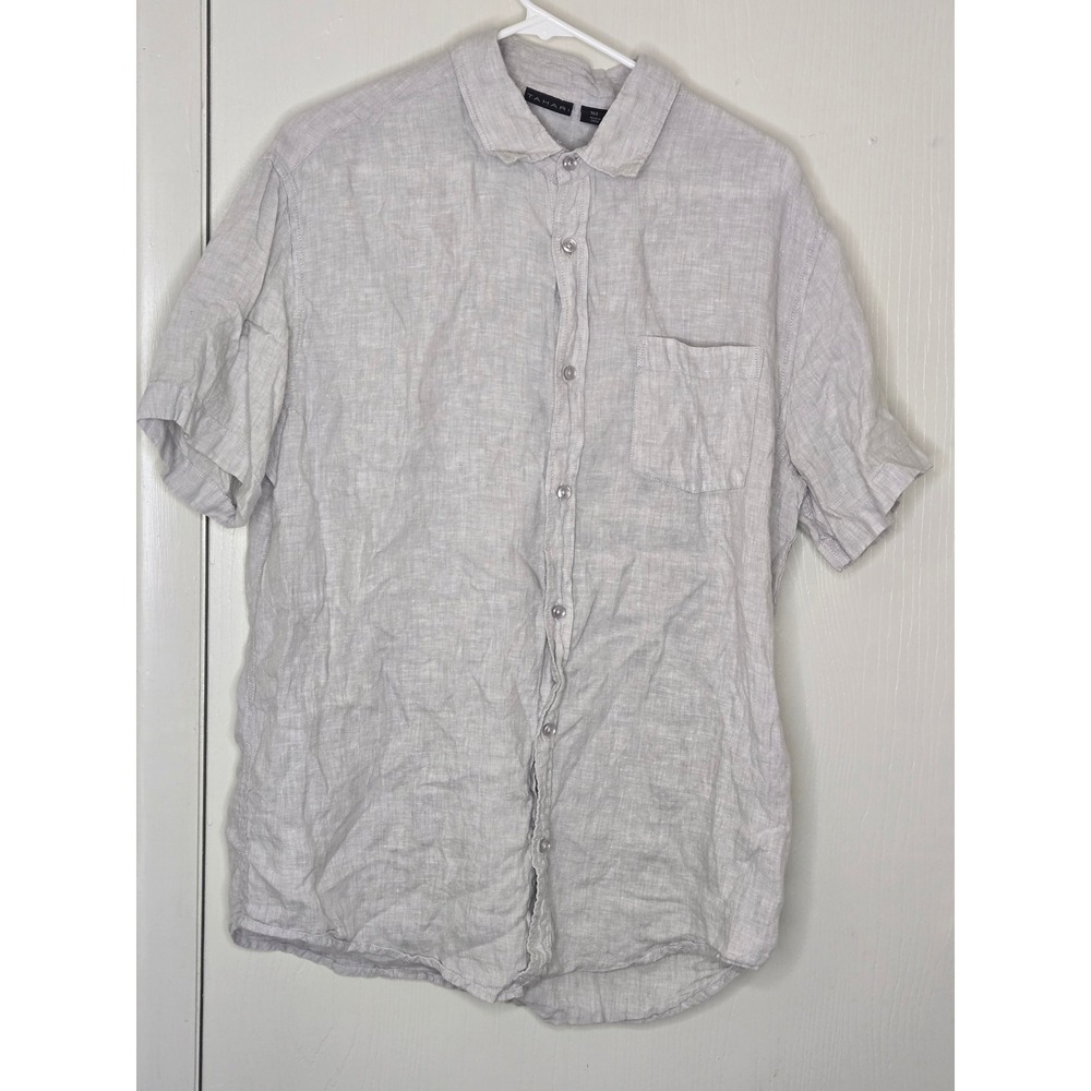 Tahari Mens Short Sleeve Button Down Linen Shirt Grey Large Casual Summer Top